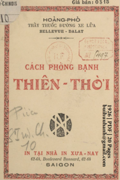 Cách Phòng Bạnh Thiên Thời (NXB Xưa Nay 1926) - Hoàng Phò, 20 Trang