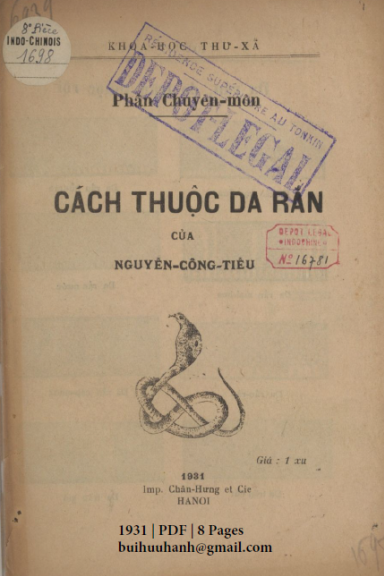 Cách Thuộc Da Rắn (NXB Chấn Hưng 1931) - Nguyễn Công Tiễu, 8 Trang