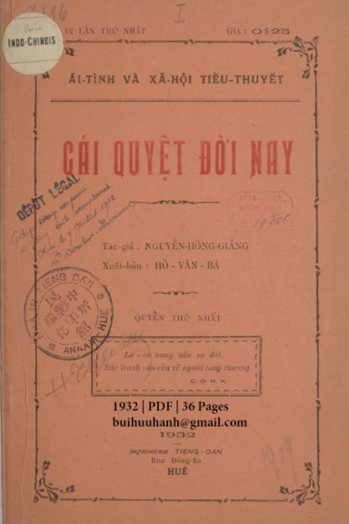 Cái Quyệt Đời Nay Quyển 1 (NXB Tiếng Dân 1932) - Nguyễn Hồng Giảng, 36 Trang