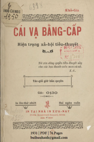 Cái Vạ Bằng Cấp (NXB Xưa Nay 1931) - Khả Gia, 76 Trang