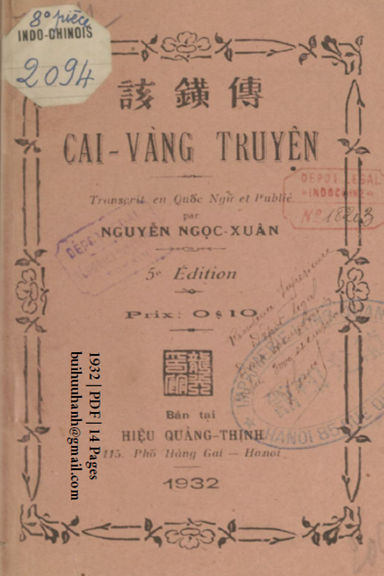 Cai Vàng Truyện (NXB Long Quang 1932) - Nguyễn Ngọc Xuân, 14 Trang