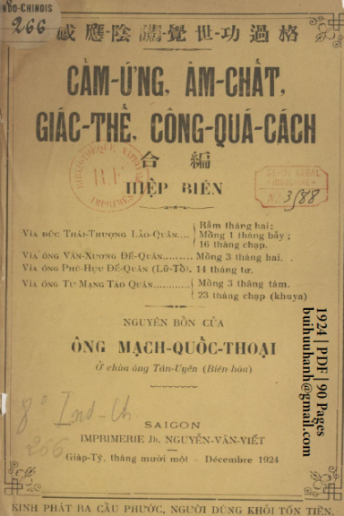 Cảm Ứng, Âm Chất, Giác Thế, Công Quá Cách (NXB Nguyễn Văn Viết 1924) - Mạch Quốc Thoại, 90 Trang