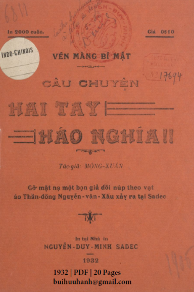 Câu Chuyện Hai Tay Háo Nghĩa (NXB Nguyễn Duy Minh 1932) - Mộng Xuân, 20 Trang