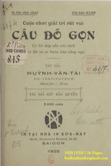 Câu Đố Gọn (NXB Xưa Nay 1929) - Huỳnh Văn Tài, 16 Trang