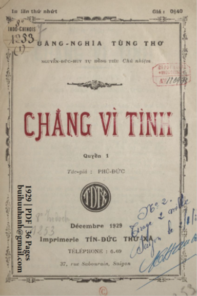 Chẳng Vì Tình Quyển 1 (NXB Tín Đức Thư Xã 1929) - Phú Đức, 36 Trang