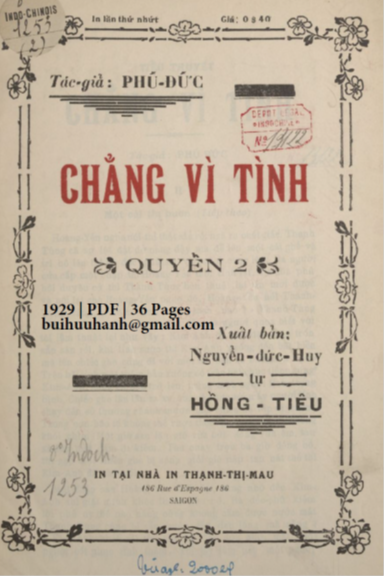 Chẳng Vì Tình Quyển 2 (NXB Thạnh Thị Mậu 1929) - Phú Đức, 36 Trang