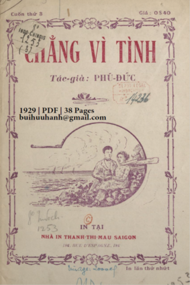 Chẳng Vì Tình Quyển 3 (NXB Thạnh Thị Mậu 1929) - Phú Đức, 38 Trang