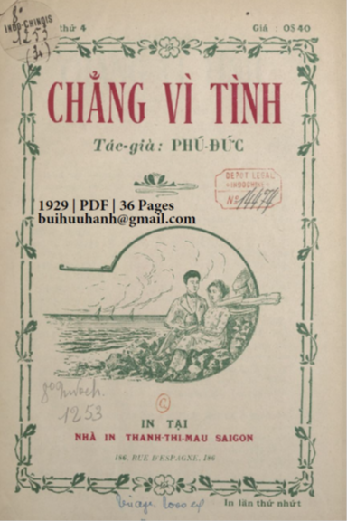 Chẳng Vì Tình Quyển 4 (NXB Thạnh Thị Mậu 1929) - Phú Đức, 36 Trang