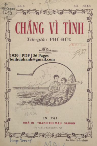 Chẳng Vì Tình Quyển 5 (NXB Thạnh Thị Mậu 1929) - Phú Đức, 36 Trang