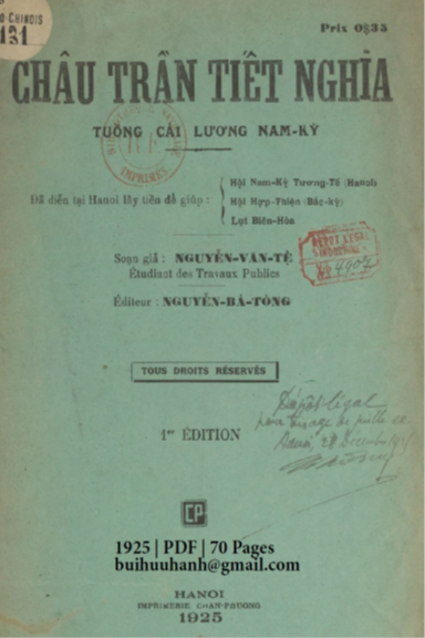 Châu Trần Tiết Nghĩa (NXB Chân Phương 1925) - Nguyễn Văn Tệ, 70 Trang