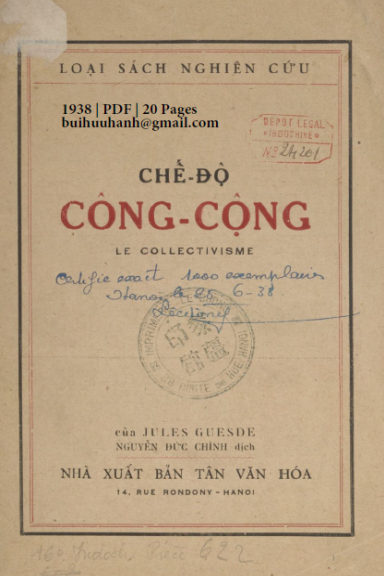 Chế Độ Công Cộng (NXB Tân Văn Hóa 1938) - Jules Guesde, 20 Trang
