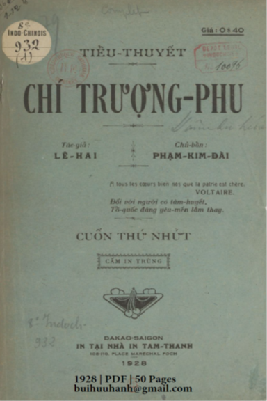 Chí Trượng Phu Cuốn 1 (NXB Tam Thanh 1928) - Lê Mai, 50 Trang