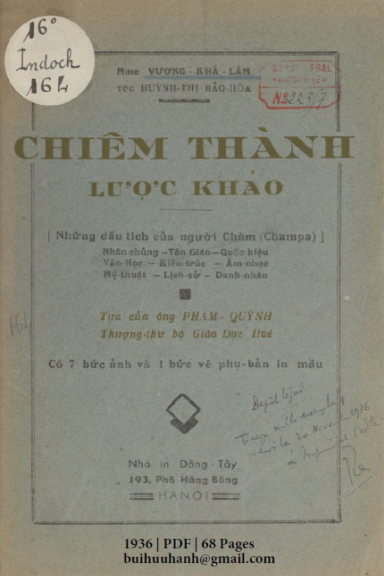 Chiêm Thành Lược Khảo (NXB Đông Tây 1936) - Huỳnh Thị Bảo Hòa, 68 Trang