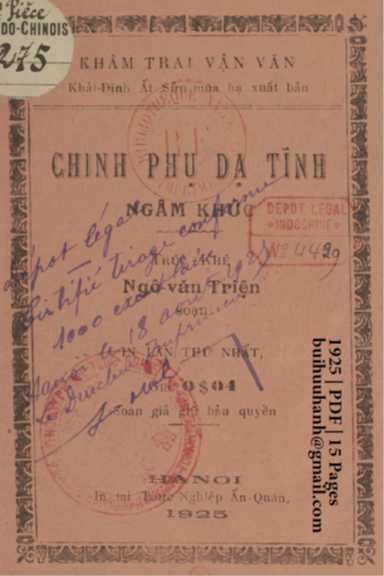 Chinh Phụ Dạ Tĩnh Ngâm Khúc (NXB Thực Nghiệp 1925) - Ngô Văn Triện, 15 Trang