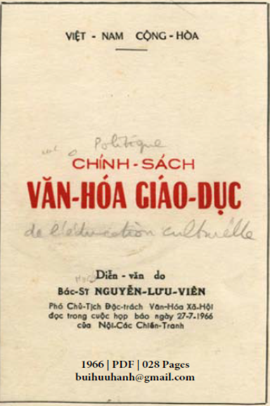 Chính Sách Văn Hóa Giáo Dục (NXB Sài Gòn 1966) - Nguyễn Lưu Viên, 28 Trang