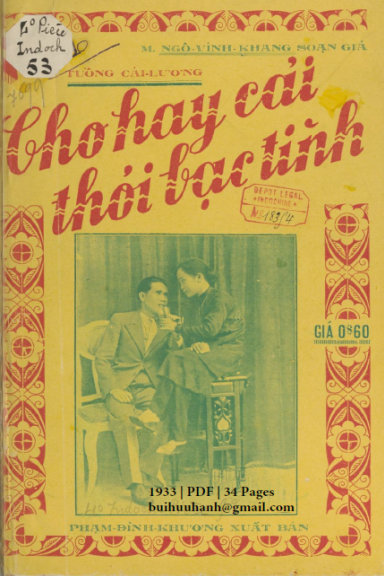 Cho Hay Cái Thói Bạc Tình (NXB Đức Lưu Phương 1933) - Ngô Vĩnh Khang, 34 Trang