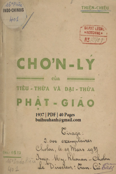 Chơn Lý Của Tiểu Thừa Và Đại Thừa Phật Giáo (NXB Nam Cường 1937) - Thiên Chiếu, 40 Trang