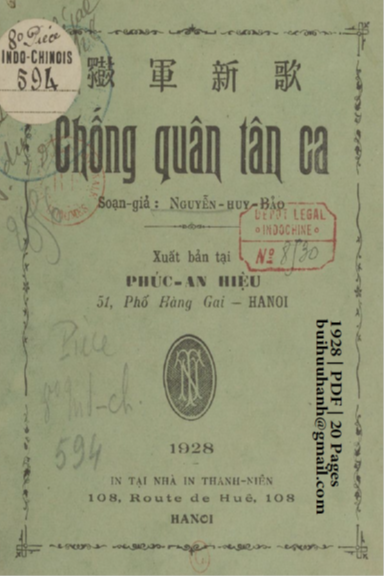 Chống Quân Tân Ca (NXB Thanh Niên 1928) - Nguyễn Huy Bảo, 20 Trang