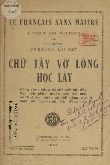 Chữ Tây Vỡ Lòng Học Lấy (NXB Ngô Tử Hạ 1935) - Bùi Suyến, 28 Trang