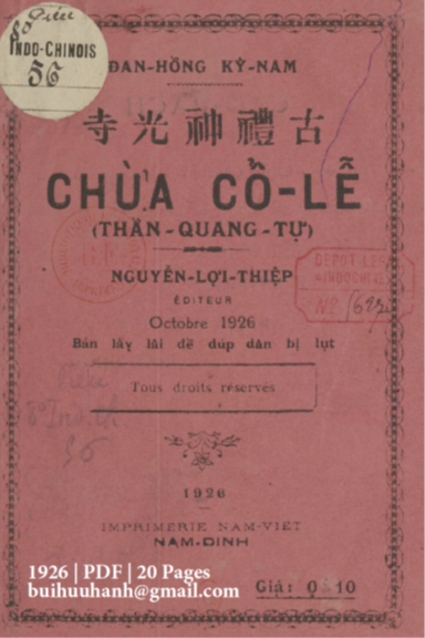 Chùa Cổ Lễ (NXB Nam Việt 1926) - Nguyễn Lợi Thiệp, 20 Trang