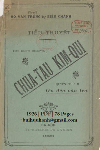 Chúa Tàu Kim Qui Quyển 2-Ơn Đền Oán Trả (NXB Sài Gòn 1926) - Hồ Biểu Chánh, 78 Trang