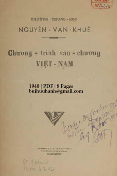 Chương Trình Văn Chương Việt Nam (NXB Bảo Tồn 1940) - Diệp Văn Kỳ, 8 Trang