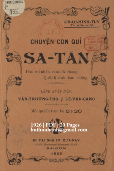Chuyện Con Quỉ Sa Tăn (NXB Xưa Nay 1926) - Châu Minh Tuy, 20 Trang