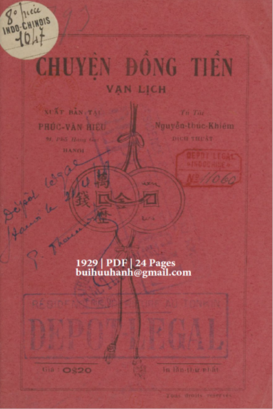 Chuyện Đồng Tiền Vạn Lịch (NXB Phúc Văn 1929) - Nguyễn Thúc Khiêm, 24 Trang