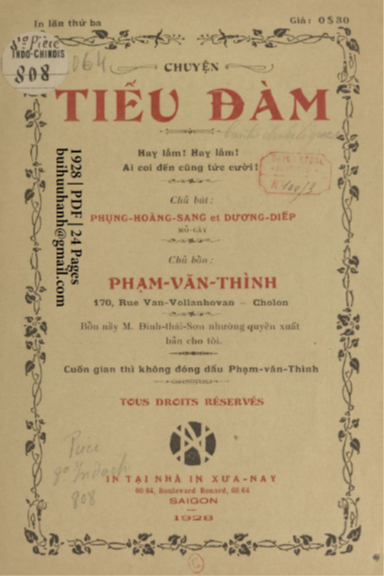 Chuyện Tiếu Đàm (NXB Xưa Nay 1928) - Phụng Hoàng Sang, 24 Trang