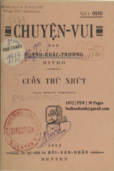 Chuyện Vui Cuốn 1 (NXB Bùi Văn Nhẩn 1932) - Huỳnh Khắc Trường, 30 Trang