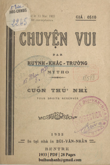 Chuyện Vui Cuốn 2 (NXB Bùi Văn Nhẩn 1933) - Huỳnh Khắc Trường, 28 Trang
