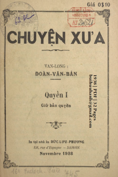 Chuyện Xưa Quyển 1 (NXB Đức Lưu Phương 1938) - Đoàn Văn Bản, 32 Trang