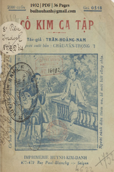 Cổ Kim Ca Tập (NXB Huỳnh Kim Danh 1932) - Trần Hoàng Nam, 36 Trang
