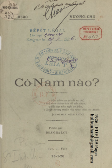 Cô Năm Nào (NXB Nguyễn Văn Viết 1926) - Vương Chu, 29 Trang
