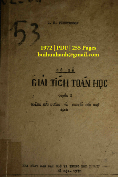 Cơ Sở Giải Tích Toán Học Quyển 2 (NXB Đại Học 1972) - G. M. Fichtengon, 255 Trang