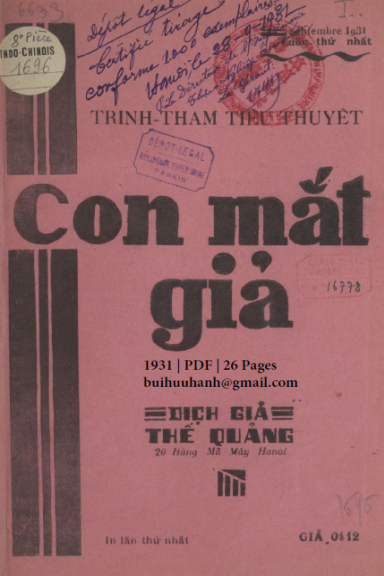 Con Mắt Giả (NXB Thực Nghiệp 1931) - Thế Quảng, 26 Trang