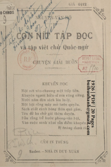 Con Nít Tập Đọc Và Tập Viết Chữ Quốc Ngữ (NXB Duy Xuân 1926) - Nguyễn Văn Hộ, 20 Trang