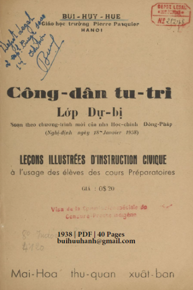 Công Dân Tu Tri Lớp Dự Bị (NXB Mai Hoa 1938) - Bùi Huy Huệ, 40 Trang