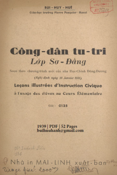 Công Dân Tu Tri Lớp Sơ Đẳng (NXB Mai Lĩnh 1939) - Bùi Huy Huệ, 52 Trang
