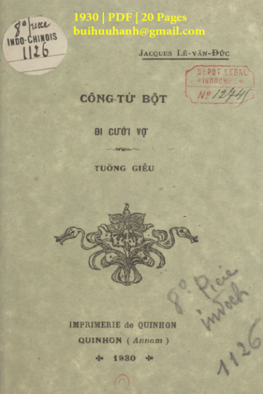 Công Tử Bột Đi Cưới Vợ (NXB Qui Nhơn 1930) - Lê Văn Đức, 20 Trang