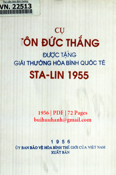 Cụ Tôn Đức Thắng Được Tặng Giải Thưởng Hòa Bình Quốc Tế Sta-Lin 1955