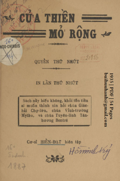 Cửa Thiền Mở Rộng Quyển 1 (NXB Khương Nguyễn 1935) - Hiển Đạt, 54 Trang