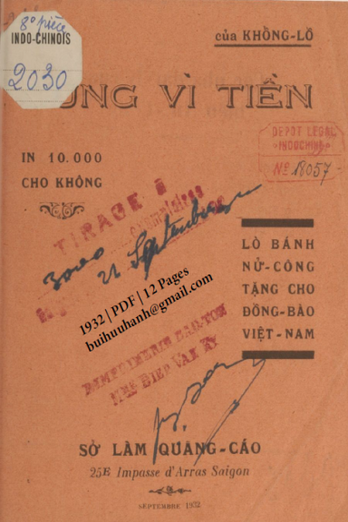 Cũng Vì Tiền (NXB Bảo Tồn 1932) - Khổng Lồ, 12 Trang