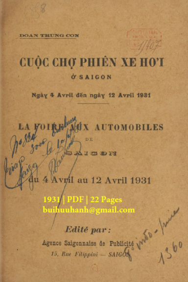 Cuộc Chợ Phiên Xe Hơi Ở Saigon (NXB Tín Đức Thư Xã 1931) - Đoàn Trung Còn, 22 Trang