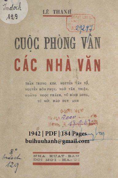 Cuộc Phỏng Vấn Các Nhà Văn (NXB Đời Mới 1942) - Lê Thanh, 184 Trang