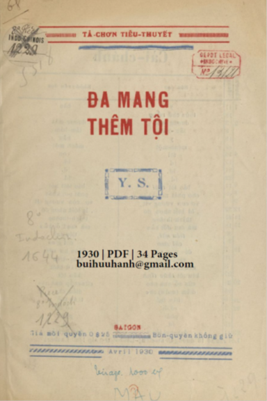 Đa Mang Thêm Tội Cuốn 1 (NXB Sài Gòn 1930) - Yên Sơn, 34 Trang