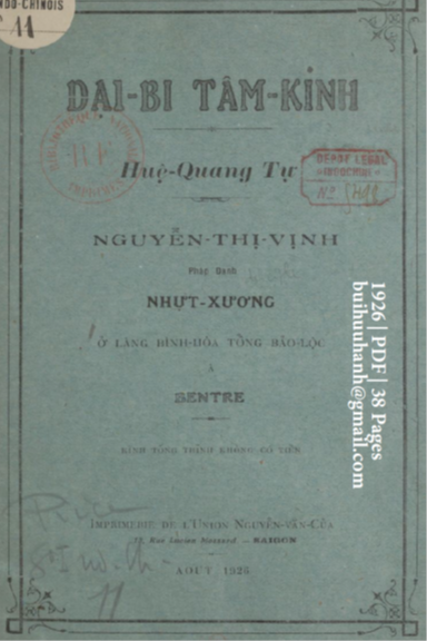 Đại Bi Tâm Kinh (NXB Nguyễn Văn Của 1926) - Nguyễn Thị Vịnh, 38 Trang