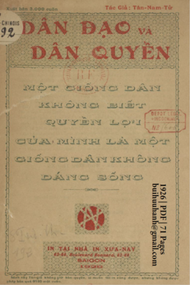 Dân Đạo Và Dân Quyền (NXB Xưa Nay 1926) - Tân Dân Tử, 71 Trang