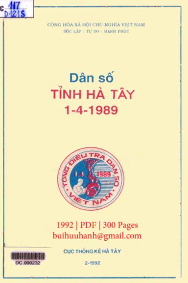 Dân Số Tỉnh Hà Tây 1-4-1989 (NXB Thống Kê 1992) - Nhiều Tác Giả, 300 Trang