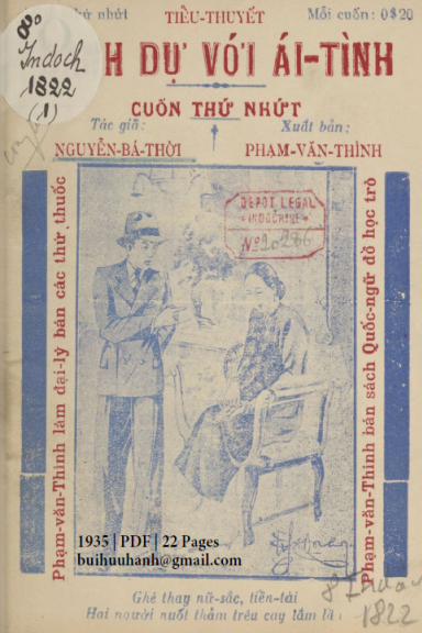 Danh Dự Với Ái Tình Cuốn 1 (NXB Man Sanh 1935) - Nguyễn Bá Thời, 22 Trang